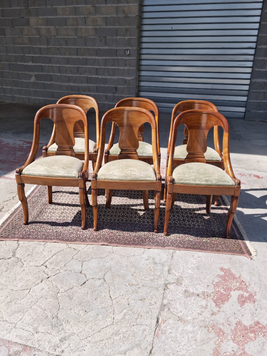 Set Of Six Gondola Chairs In Satin Blond Mahogany, Empire Period, Late 19th Century 