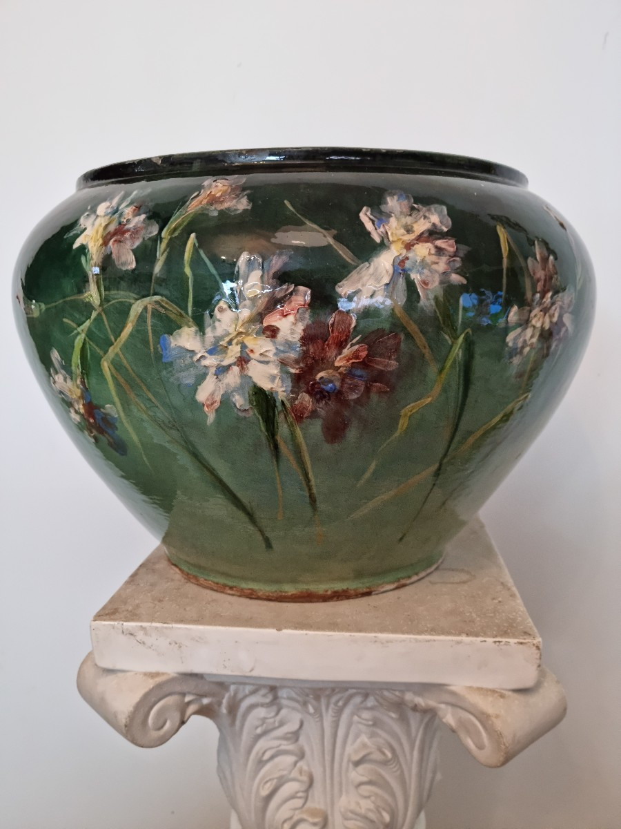 Cache-pot en faïence signé E. Coppenolle Montigny-sur-Loing, fin XIXe siècle-photo-2