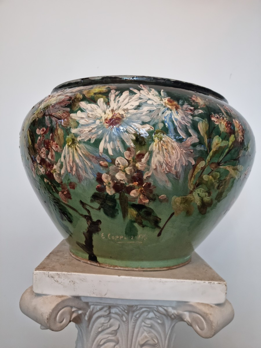 Cache-pot en faïence signé E. Coppenolle Montigny-sur-Loing, fin XIXe siècle-photo-4