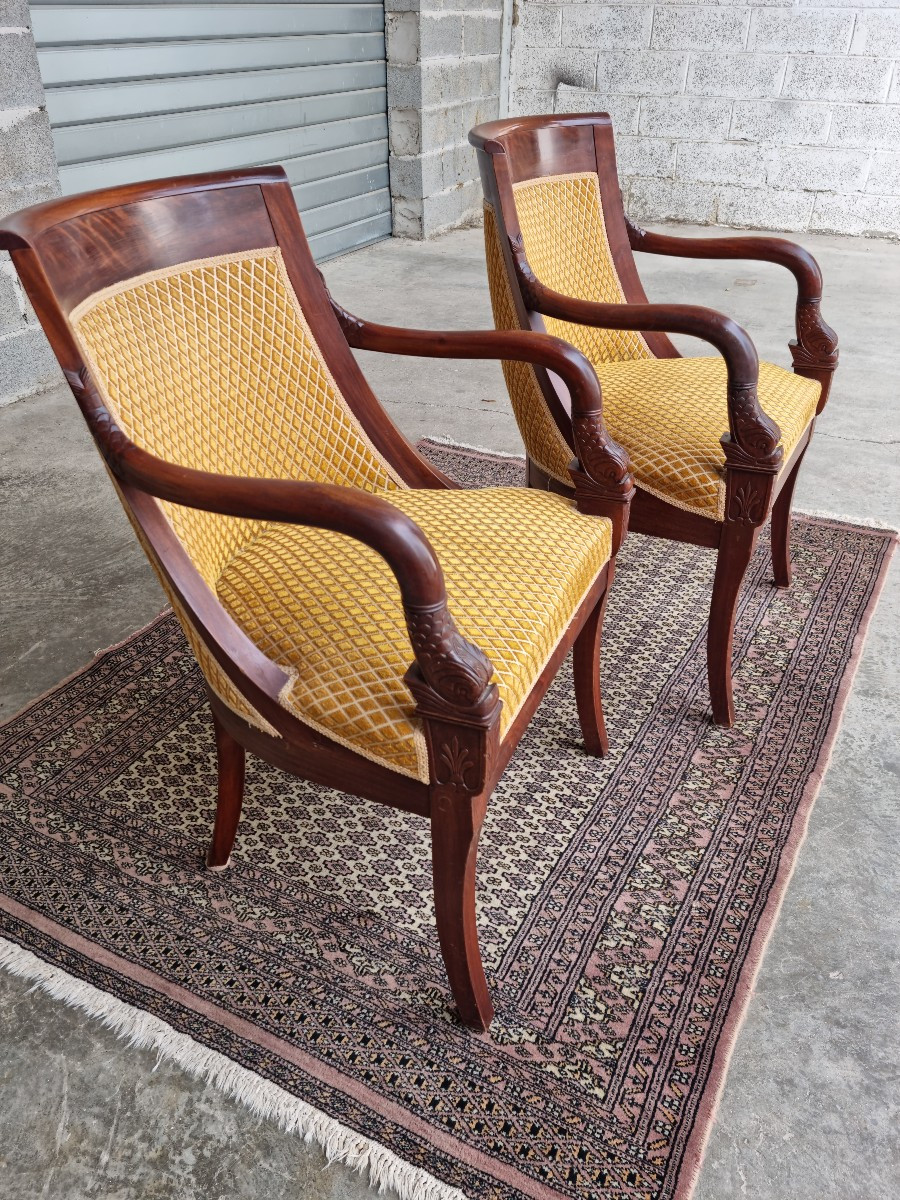 Pair Of Restoration Period Armchairs In Cuban Mahogany, 14th Century-photo-2