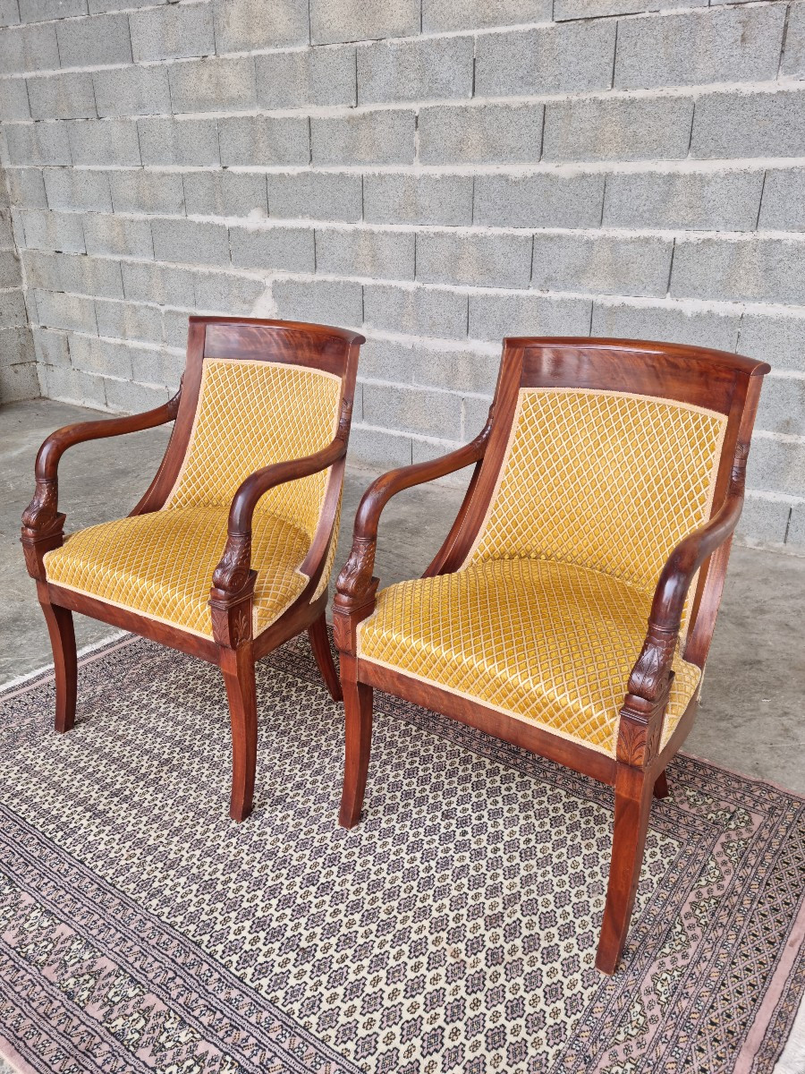 Pair Of Restoration Period Armchairs In Cuban Mahogany, 14th Century-photo-3