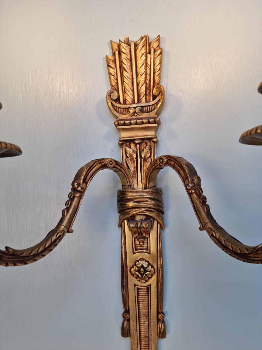 Paire d’appliques en bronze doré,  Louis XVI, d'époque XIXème.-photo-1