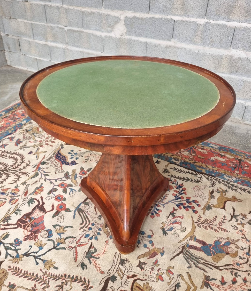 Guéridon en acajou flammé,  plateau réversible cuir et feutrine, Empire, d'époque XIX ème-photo-1