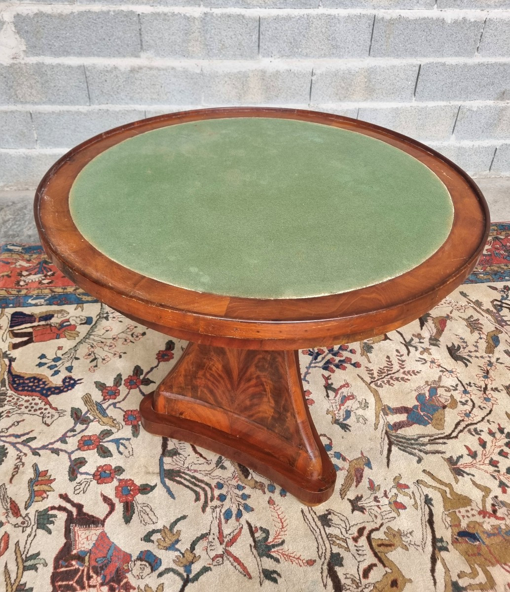 Guéridon en acajou flammé,  plateau réversible cuir et feutrine, Empire, d'époque XIX ème-photo-8
