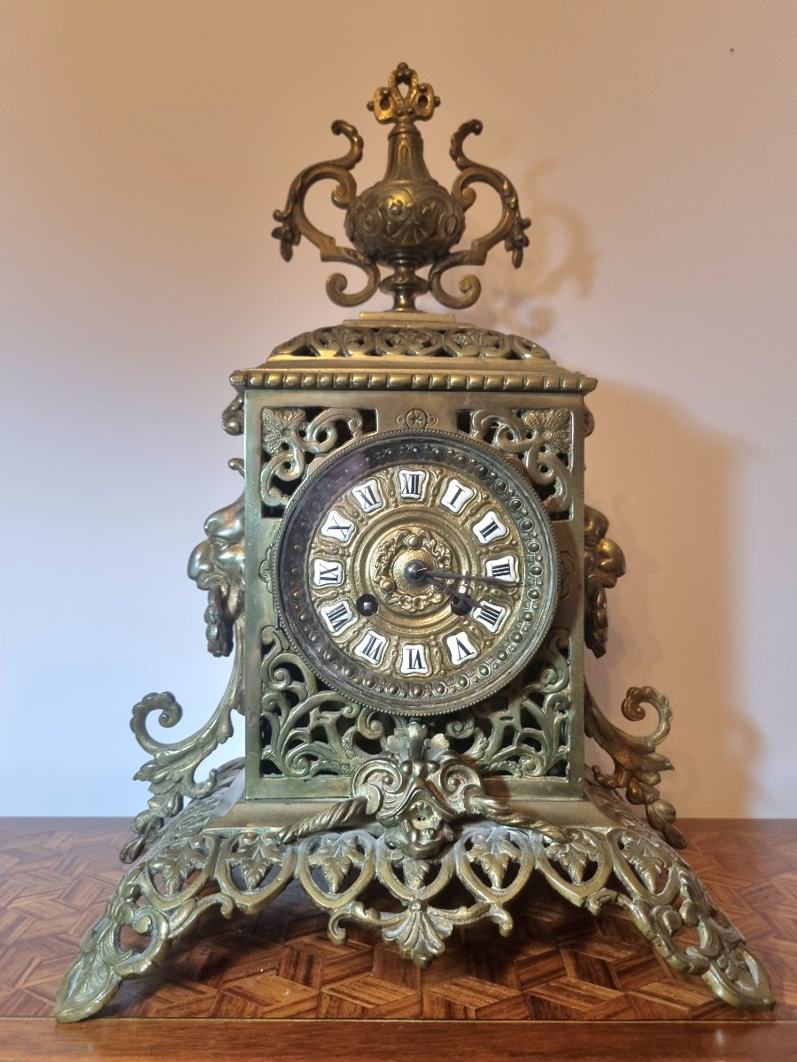 Pendule de cheminée Napoléon III en bronze doré ajouré, XIXᵉ siècle-photo-4