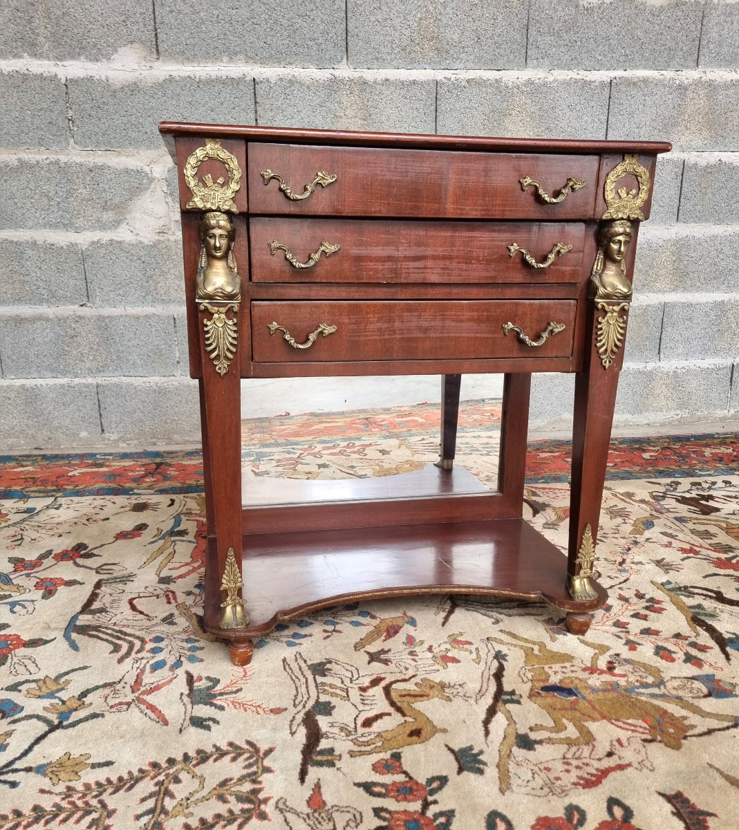 Mahogany Dressing Table, Empire Style With Caryatids, Background Mirror – Late 19th Century-photo-3