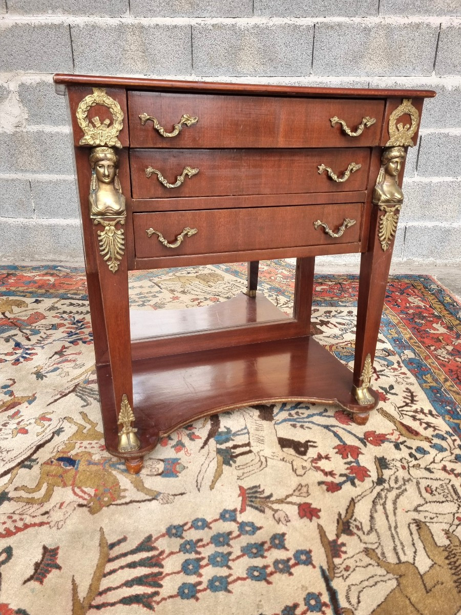 Mahogany Dressing Table, Empire Style With Caryatids, Background Mirror – Late 19th Century