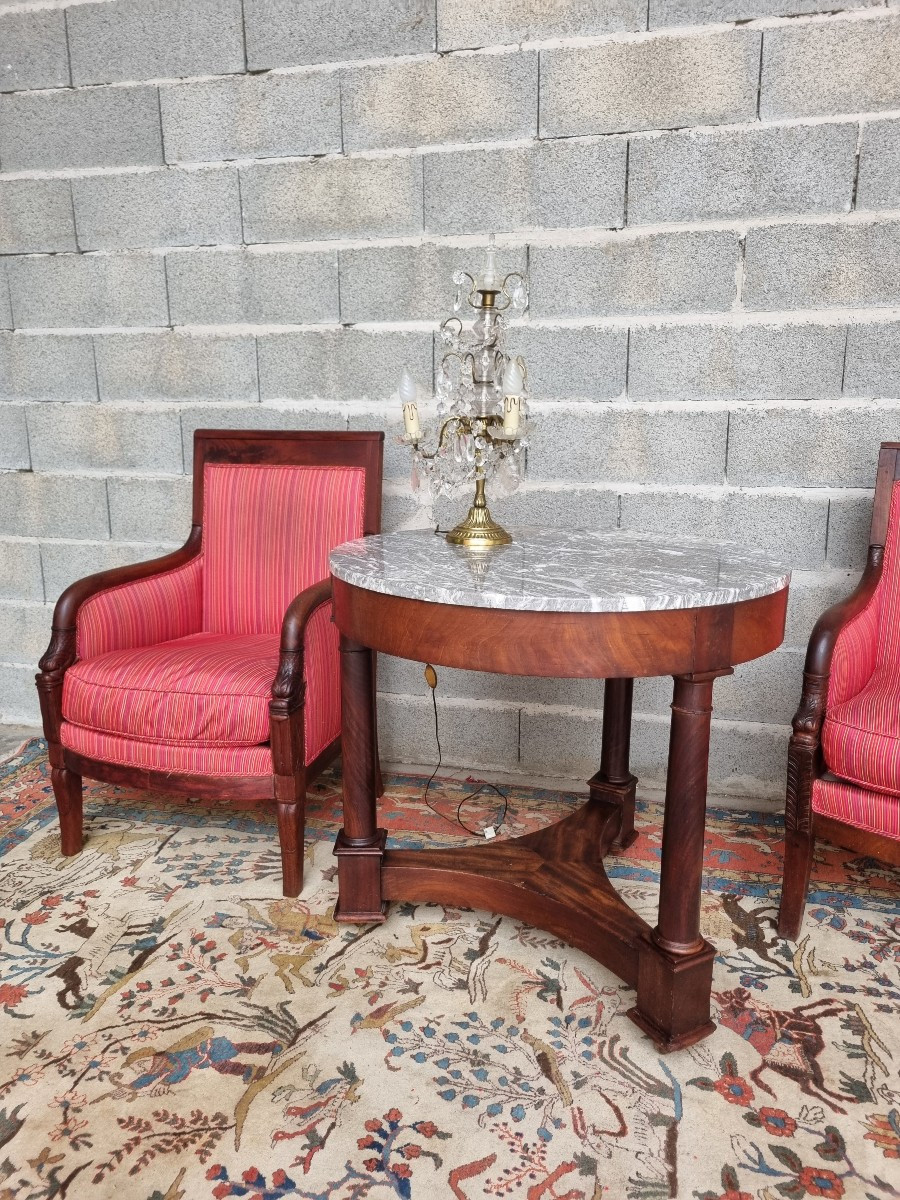 Empire-style Pedestal Table In Solid Mahogany, Grey Marble Top – 19th Century-photo-3