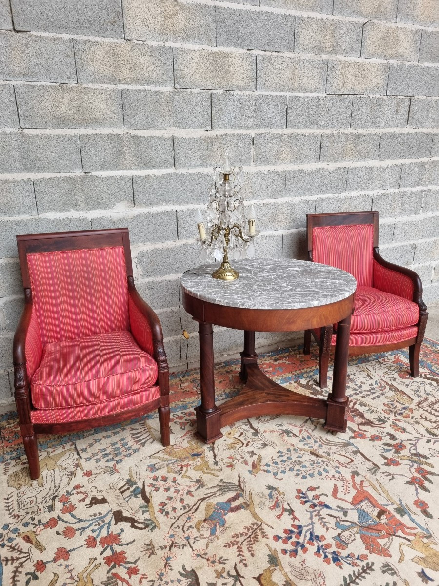 Empire-style Pedestal Table In Solid Mahogany, Grey Marble Top – 19th Century-photo-4