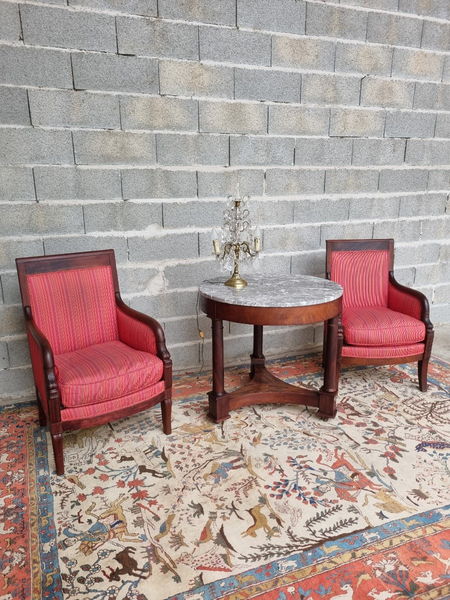 Empire-style Pedestal Table In Solid Mahogany, Grey Marble Top – 19th Century-photo-1