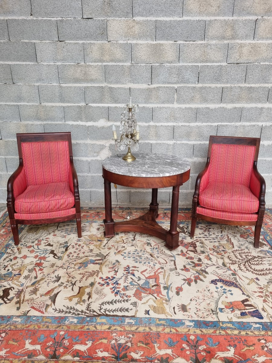 Empire-style Pedestal Table In Solid Mahogany, Grey Marble Top – 19th Century-photo-2