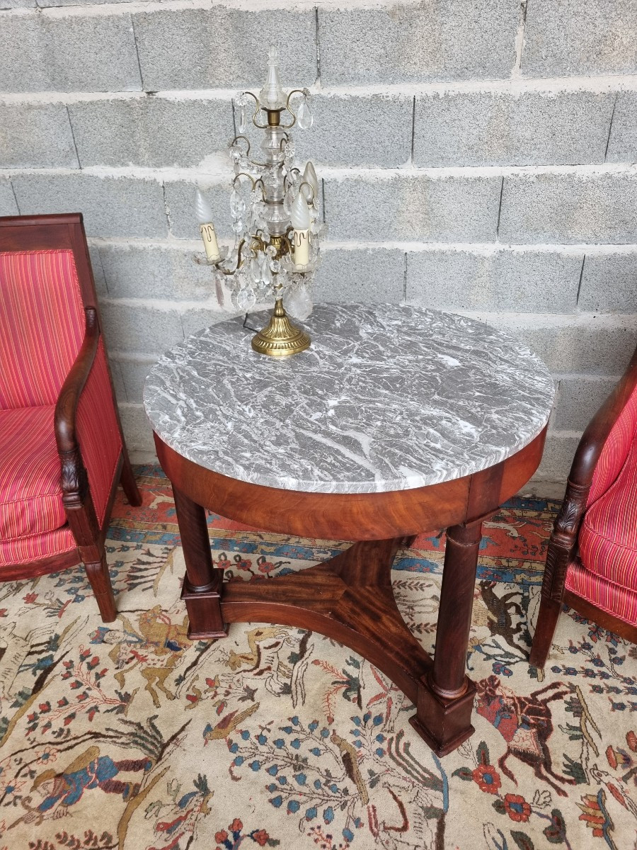Empire-style Pedestal Table In Solid Mahogany, Grey Marble Top – 19th Century-photo-3