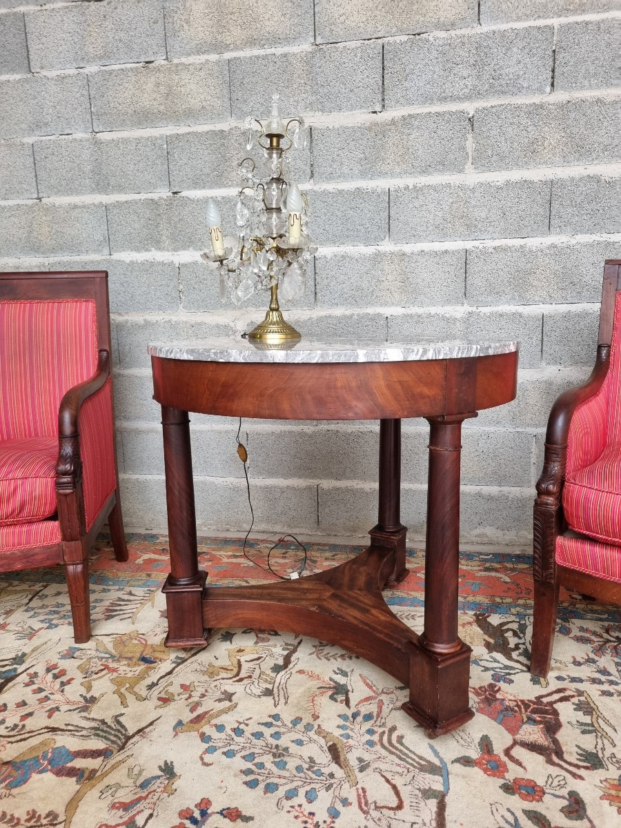 Empire-style Pedestal Table In Solid Mahogany, Grey Marble Top – 19th Century-photo-4