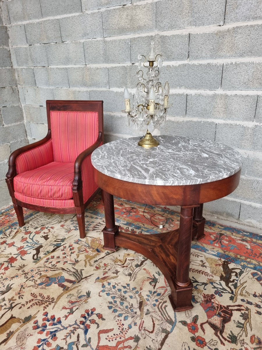 Empire-style Pedestal Table In Solid Mahogany, Grey Marble Top – 19th Century-photo-5