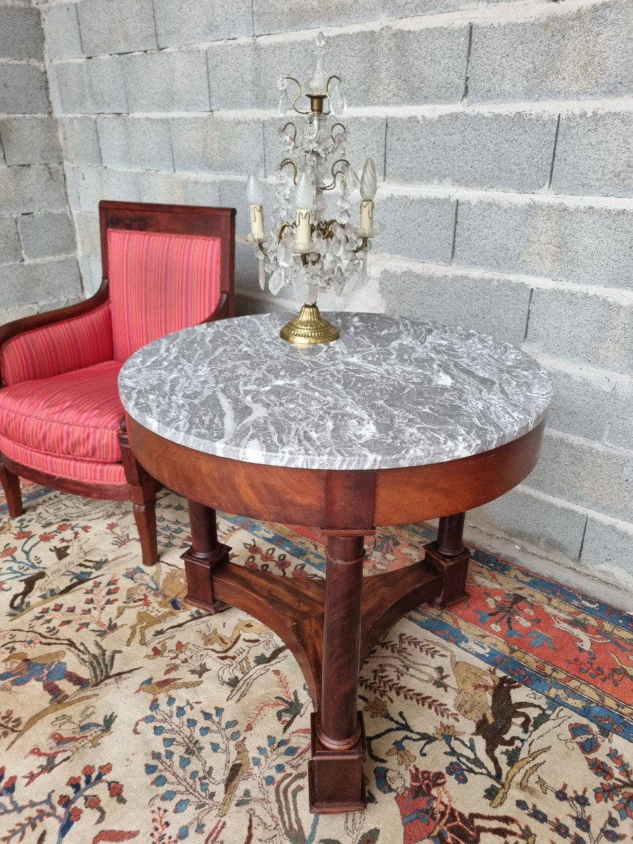 Empire-style Pedestal Table In Solid Mahogany, Grey Marble Top – 19th Century-photo-6