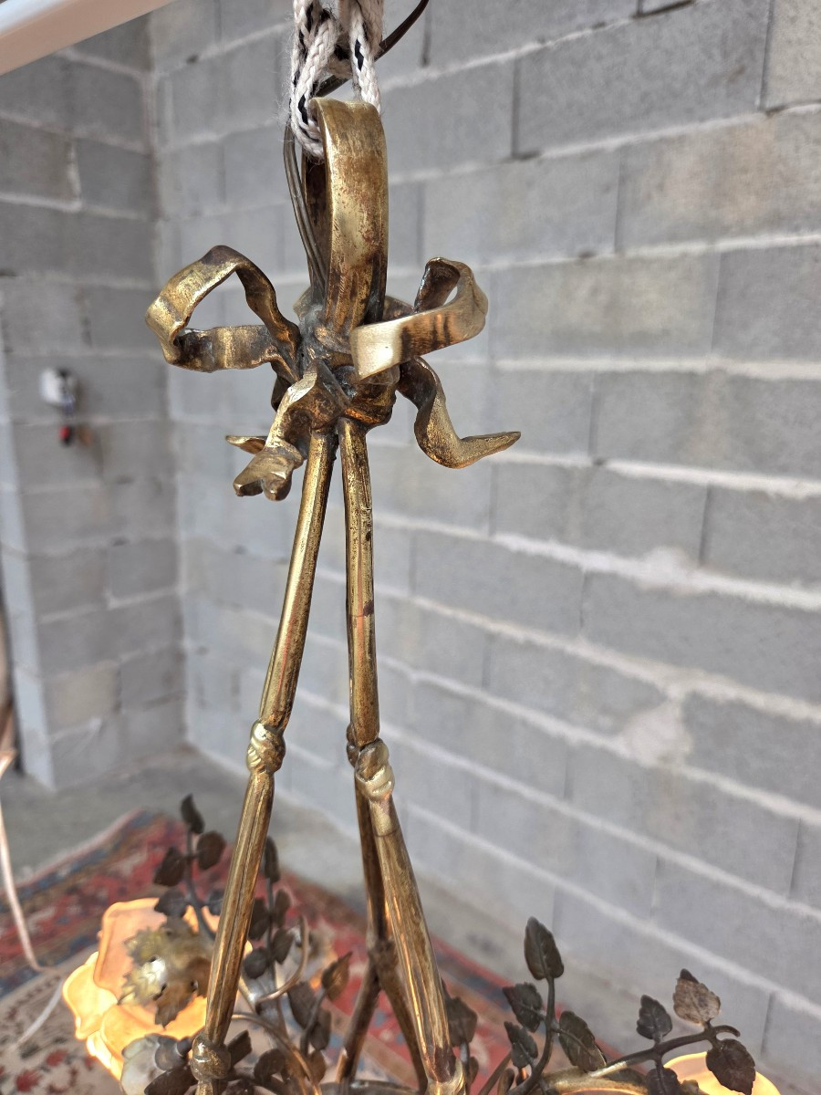 Lustre en bronze doré et patiné,décor de roses, Louis XVI, d'époque fin XIXème -photo-4