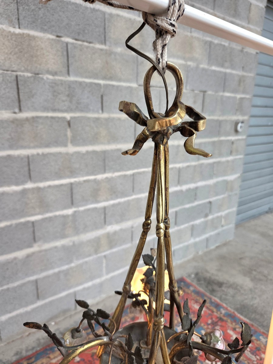 Lustre en bronze doré et patiné,décor de roses, Louis XVI, d'époque fin XIXème -photo-6