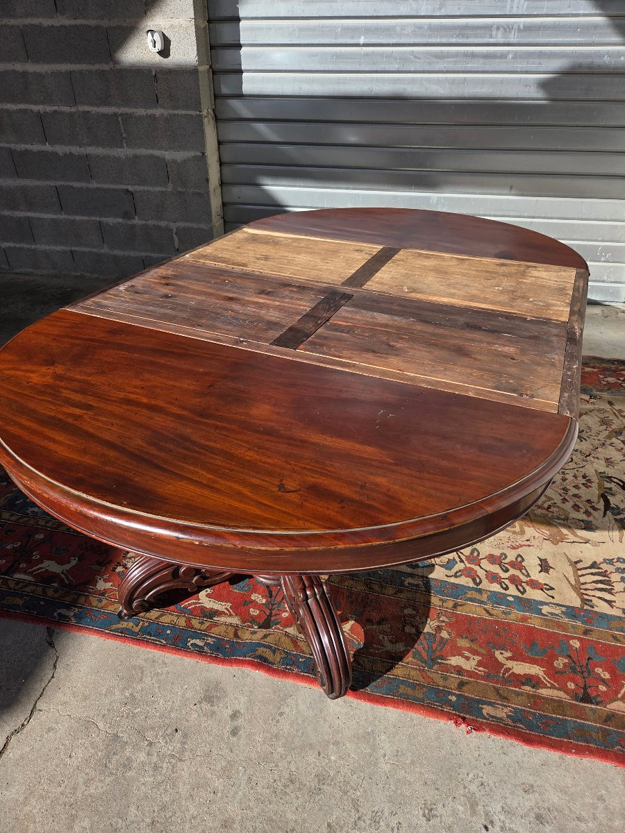  Oval Table In Solid Mahogany And Veneer, With Extensions, Napoleon III Period, 19th Century. -photo-1