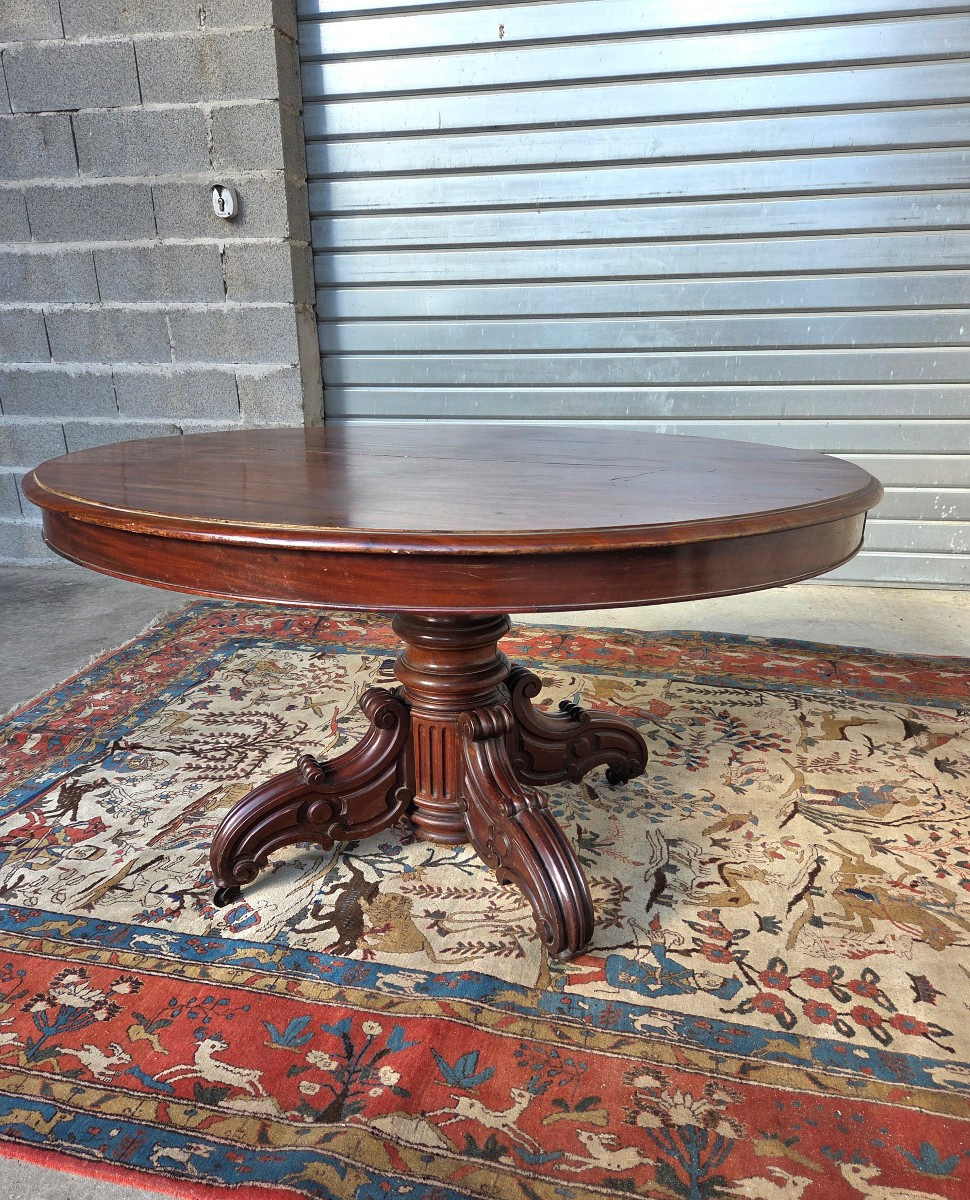  Oval Table In Solid Mahogany And Veneer, With Extensions, Napoleon III Period, 19th Century. 