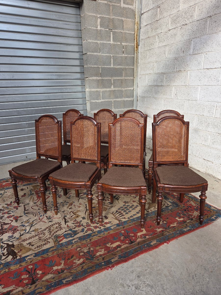 Set Of 8 Caned Walnut Chairs, Louis XIII Style, 19th Century. -photo-2