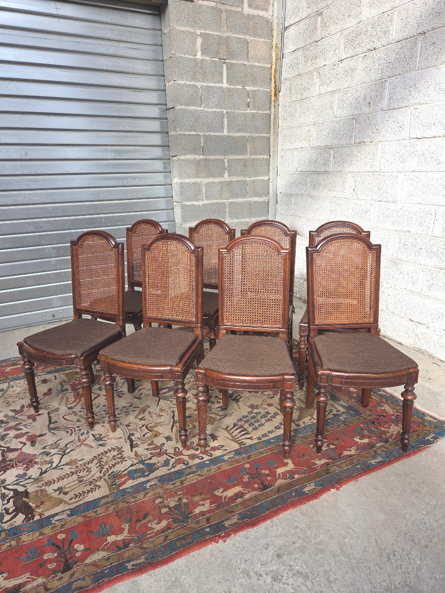 Set Of 8 Caned Walnut Chairs, Louis XIII Style, 19th Century. 