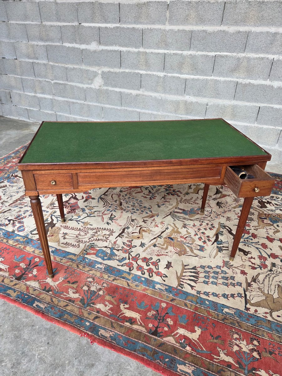 Table à jeux Louis XVI en acajou, plateau réversible, XIXᵉ siècle. -photo-2