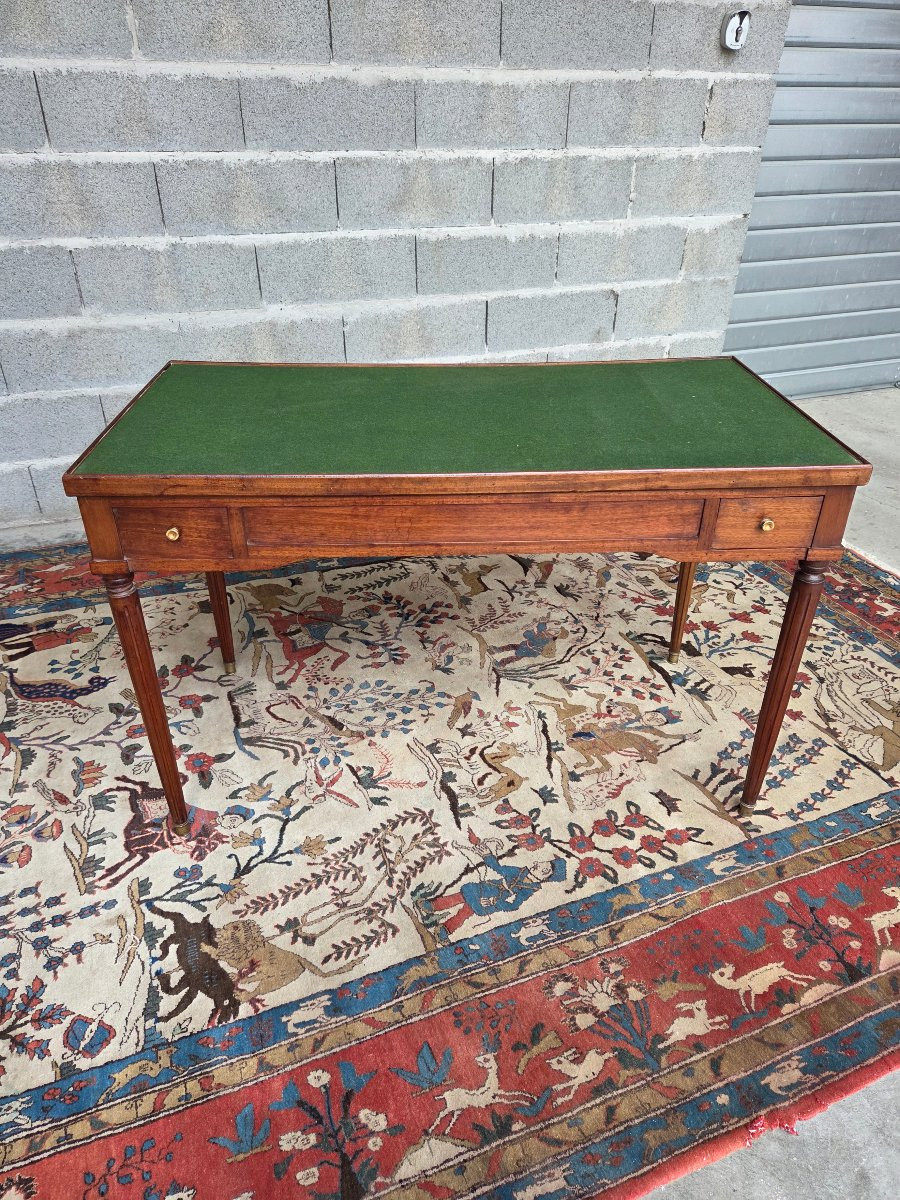 Table à jeux Louis XVI en acajou, plateau réversible, XIXᵉ siècle. -photo-7