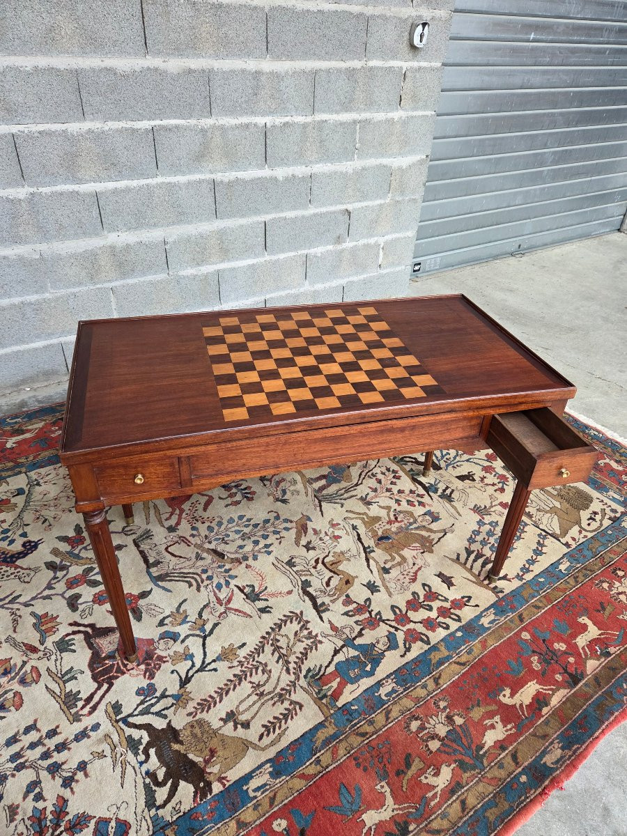 Table à jeux Louis XVI en acajou, plateau réversible, XIXᵉ siècle. -photo-8
