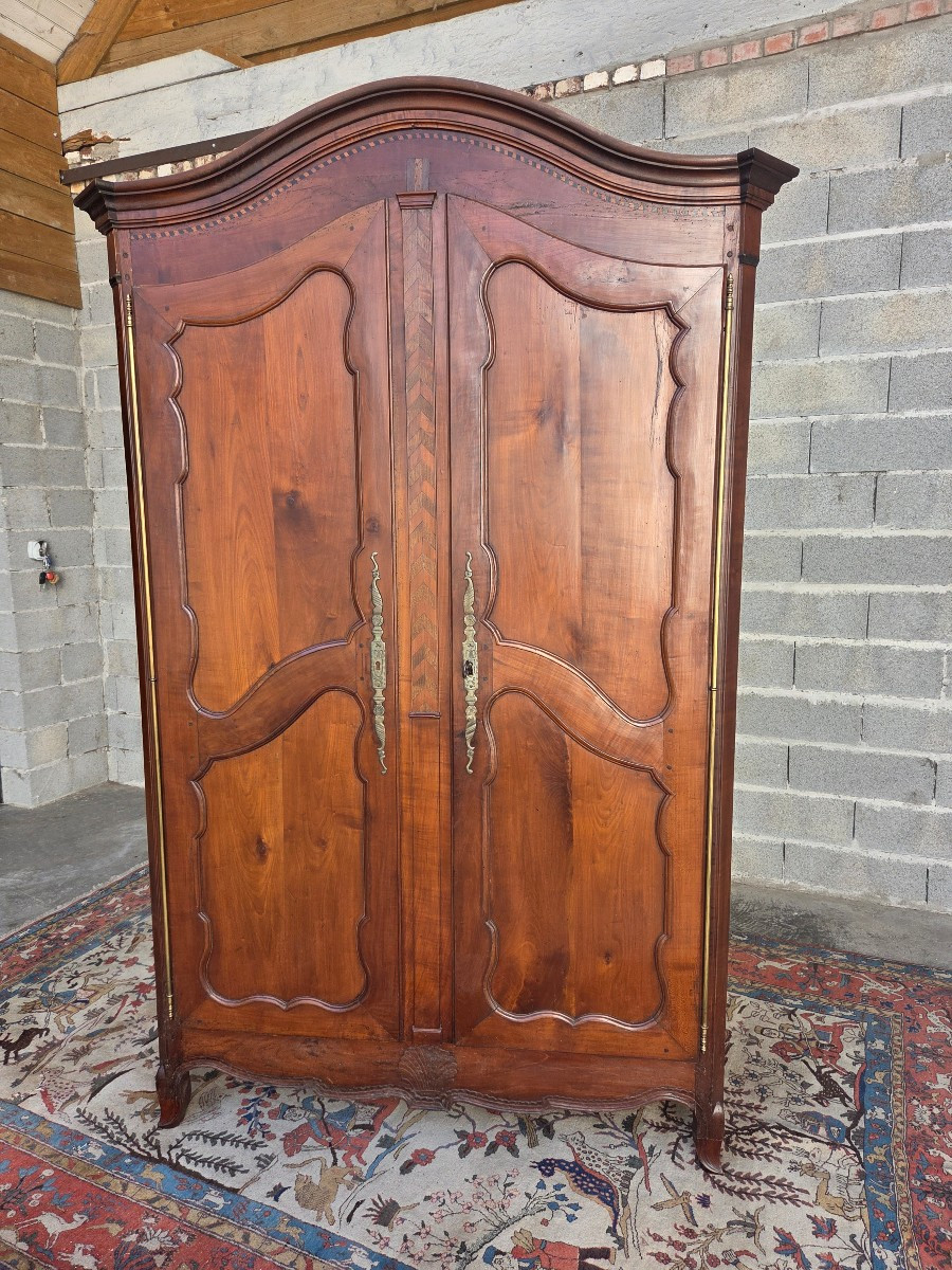 Louis XV Style Wardrobe In Solid Cherry Wood, Cremone Bolt Lock, 18th Century