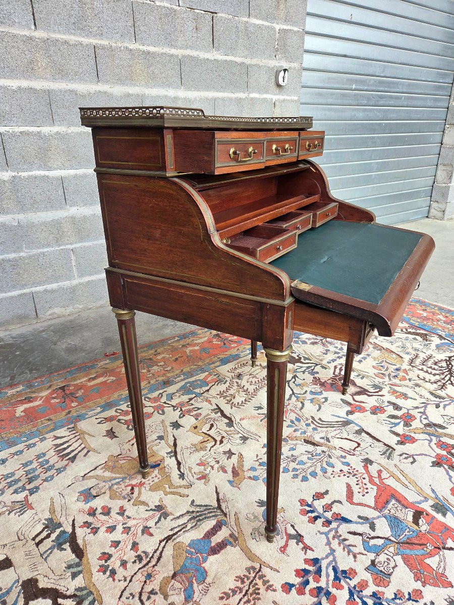  Louis XVI Style Cylinder Desk In Mahogany, With A Gallery And Brass Stringing, Late 19th Century -photo-3