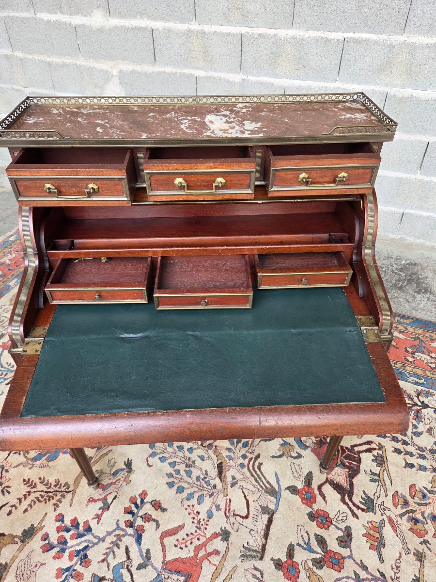  Louis XVI Style Cylinder Desk In Mahogany, With A Gallery And Brass Stringing, Late 19th Century -photo-4