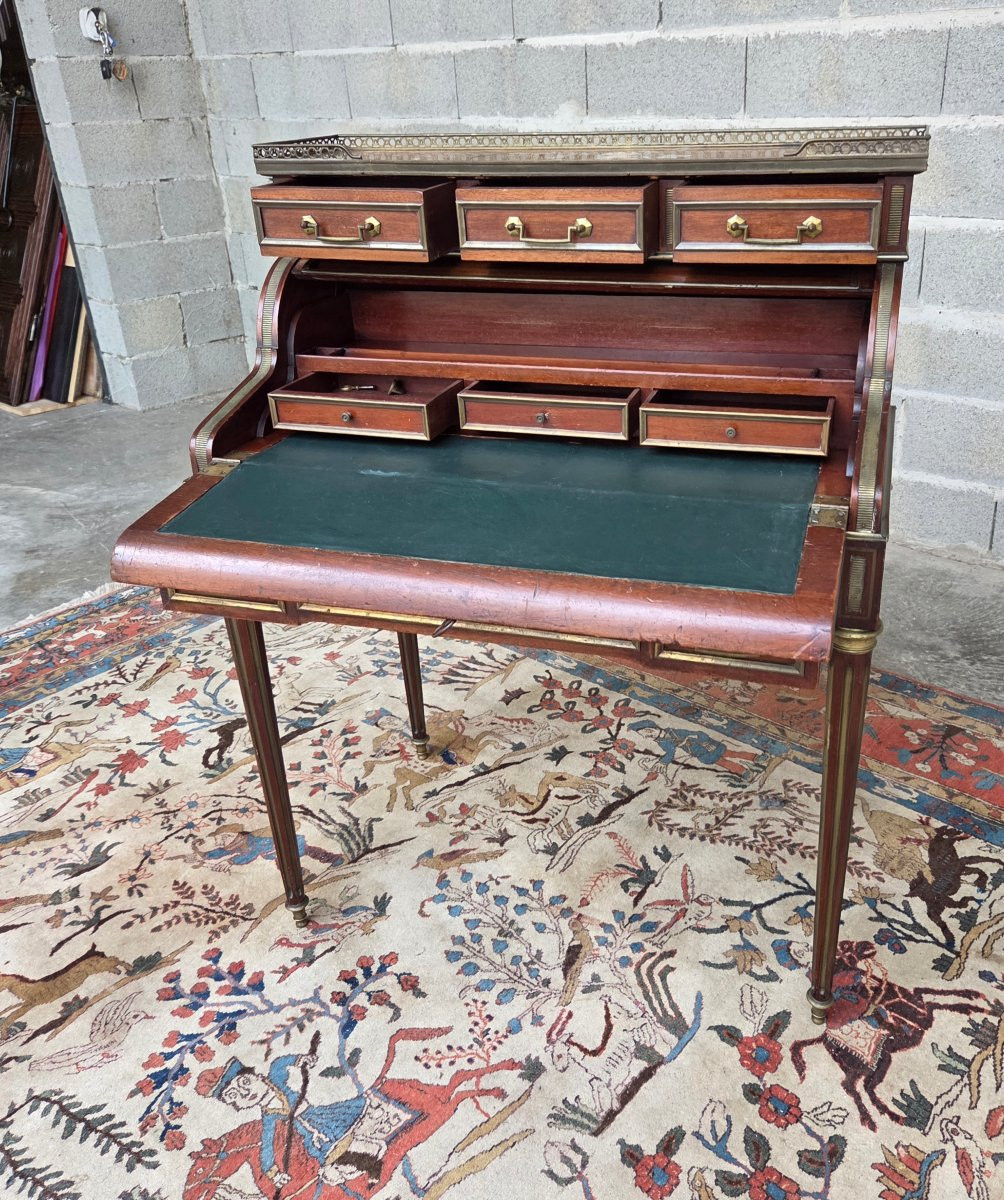  Louis XVI Style Cylinder Desk In Mahogany, With A Gallery And Brass Stringing, Late 19th Century -photo-1