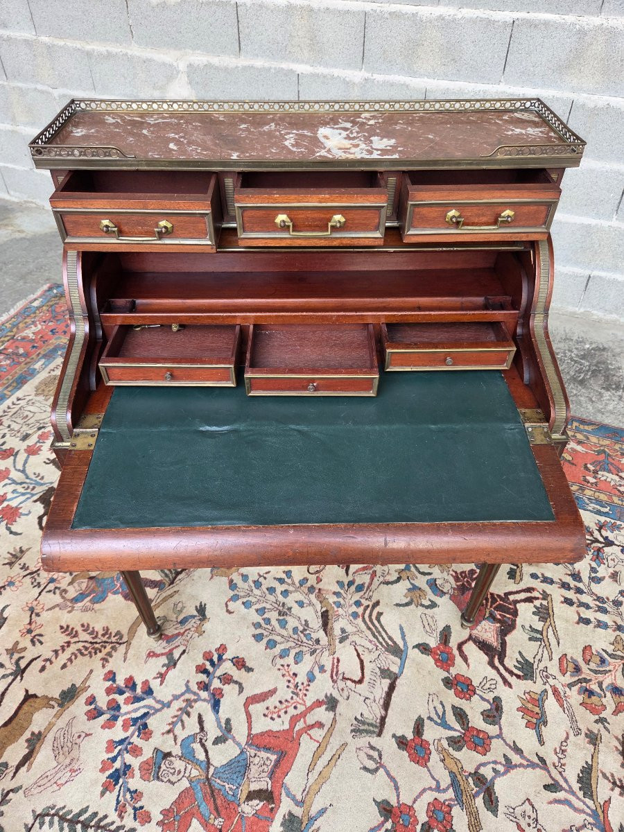  Louis XVI Style Cylinder Desk In Mahogany, With A Gallery And Brass Stringing, Late 19th Century -photo-3