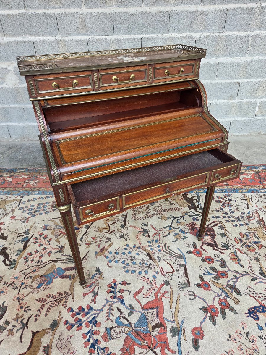  Louis XVI Style Cylinder Desk In Mahogany, With A Gallery And Brass Stringing, Late 19th Century -photo-4