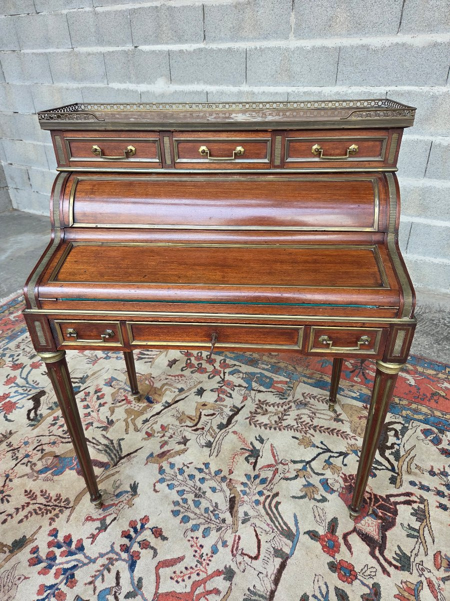  Louis XVI Style Cylinder Desk In Mahogany, With A Gallery And Brass Stringing, Late 19th Century -photo-5