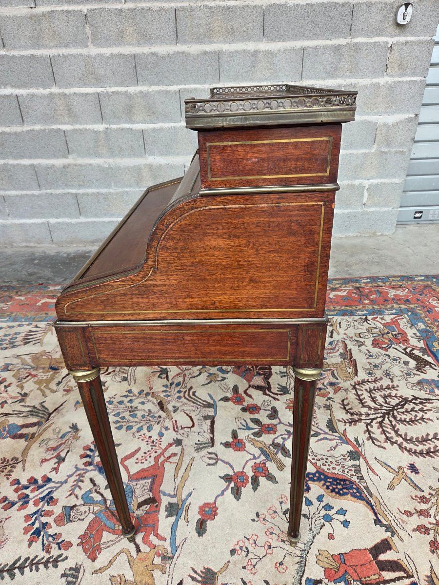  Louis XVI Style Cylinder Desk In Mahogany, With A Gallery And Brass Stringing, Late 19th Century -photo-6