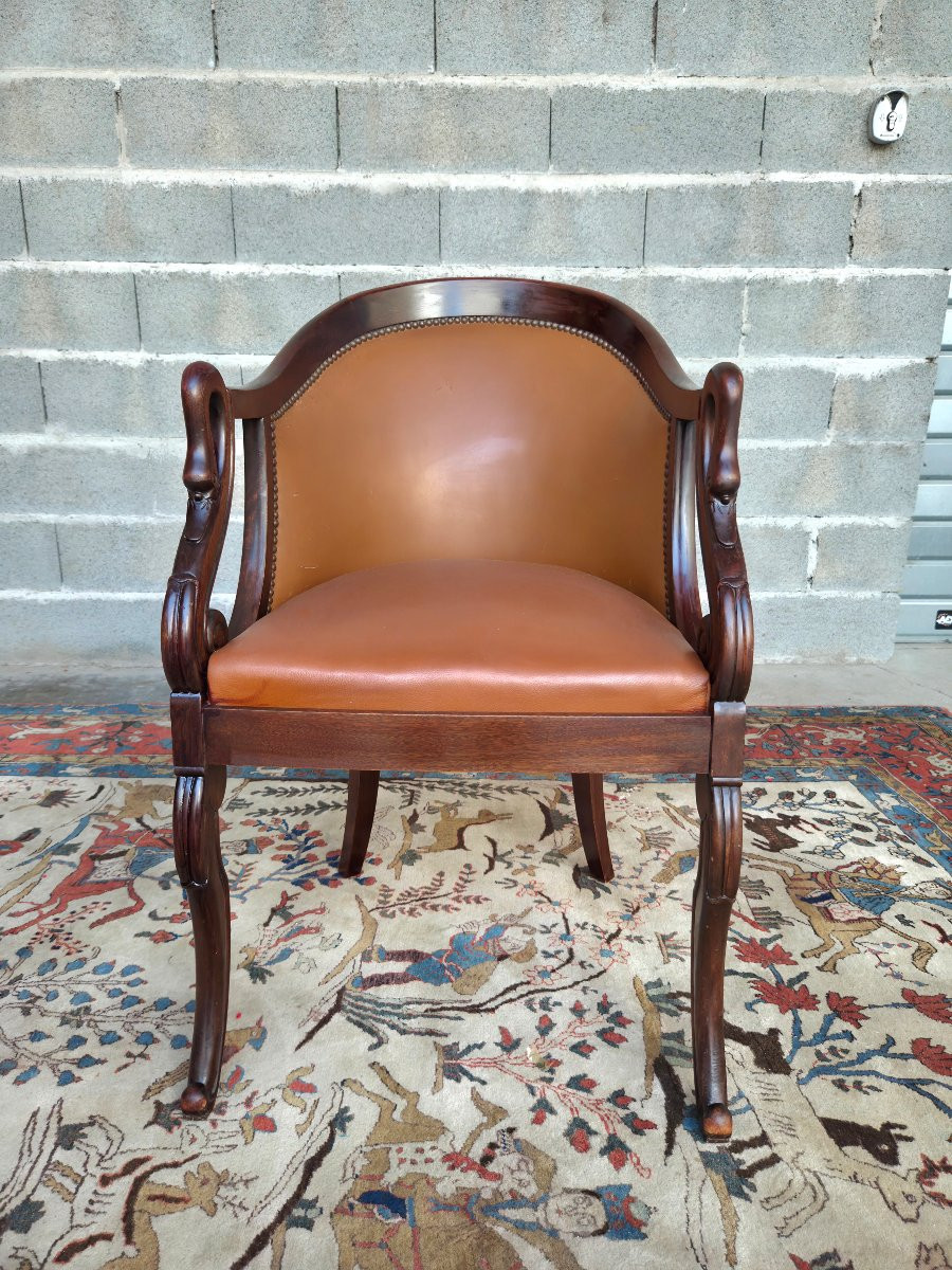 Empire Style Mahogany Gondola Armchair With Swan-neck Armrests, 20th Century-photo-3