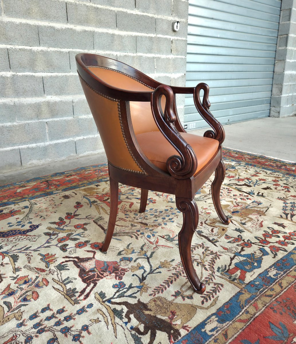 Empire Style Mahogany Gondola Armchair With Swan-neck Armrests, 20th Century-photo-4