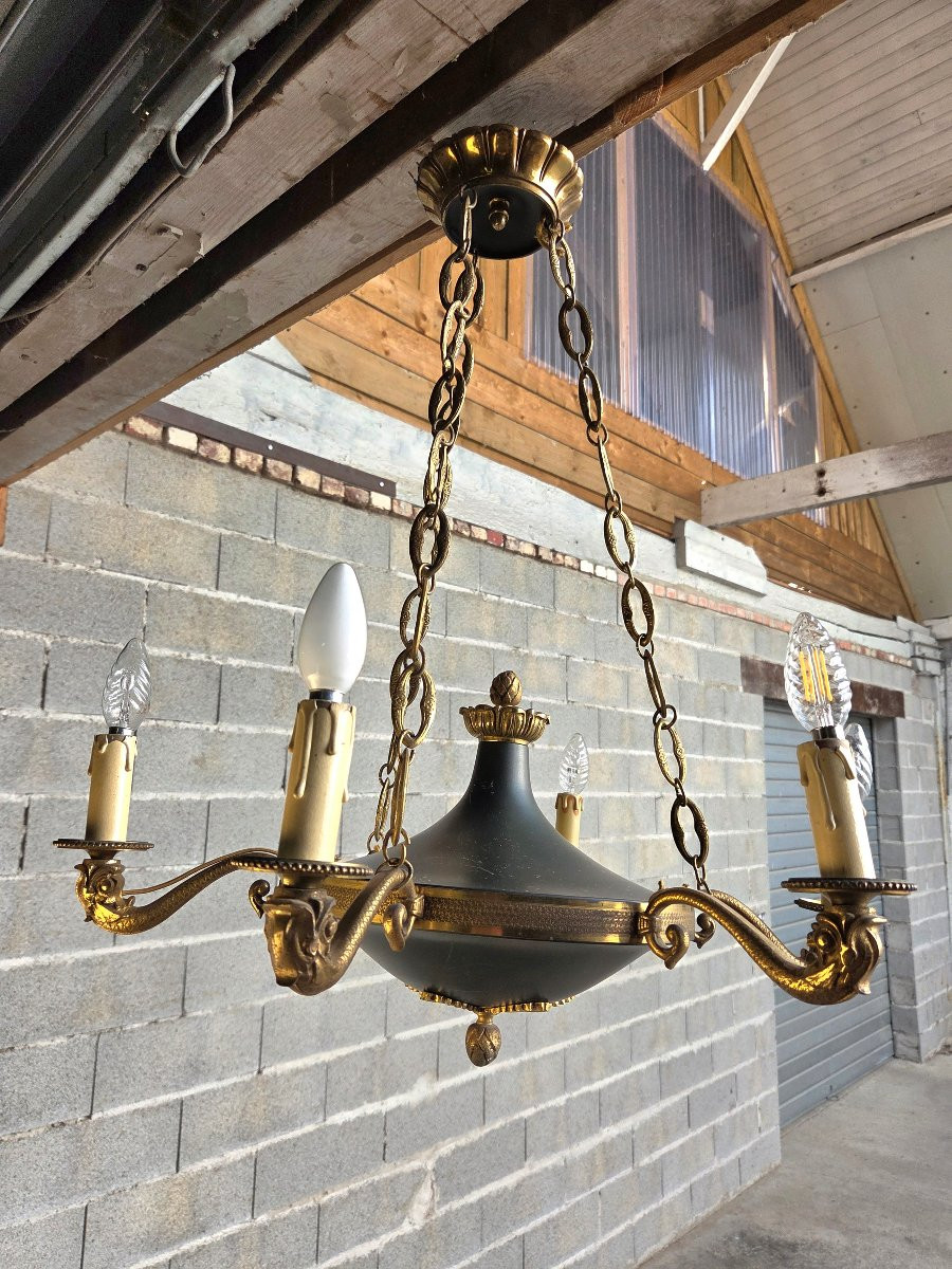 Six-light Chandelier In Bronze And Green Painted Sheet Metal, Empire Style, 20th Century-photo-3