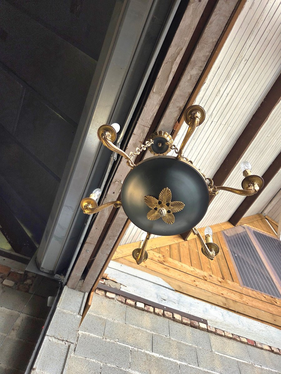 Six-light Chandelier In Bronze And Green Painted Sheet Metal, Empire Style, 20th Century-photo-4