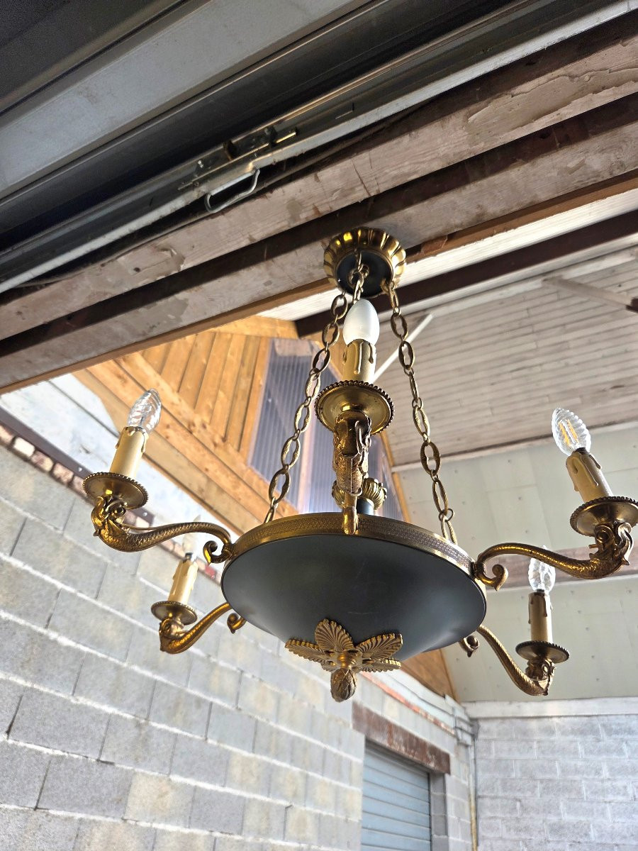 Six-light Chandelier In Bronze And Green Painted Sheet Metal, Empire Style, 20th Century-photo-2