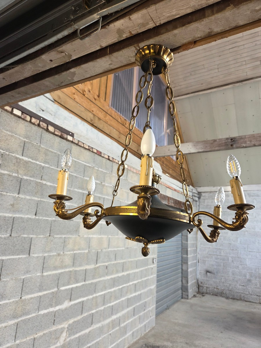 Six-light Chandelier In Bronze And Green Painted Sheet Metal, Empire Style, 20th Century