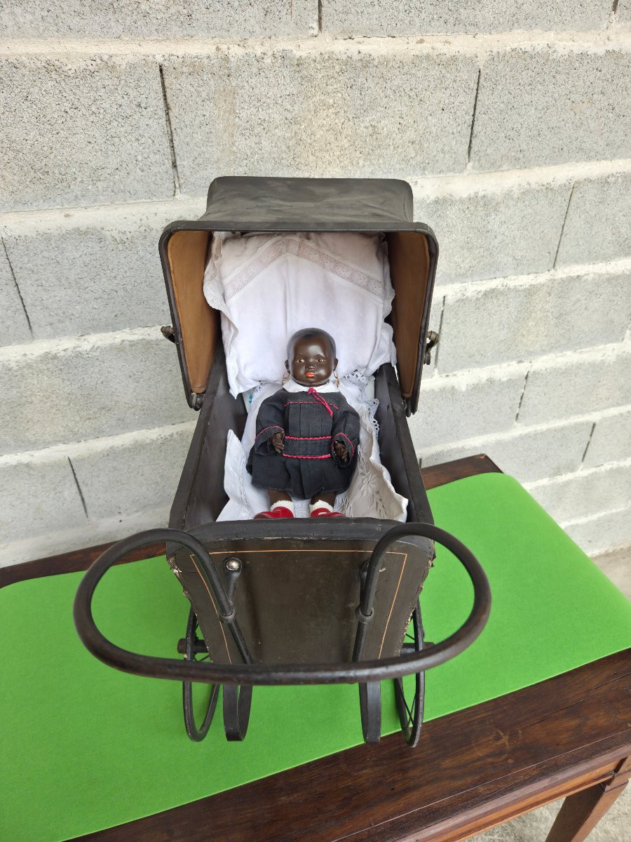 Antique Doll's Baby Carriage With Black Celluloid Bather - Circa 1930/1950-photo-7
