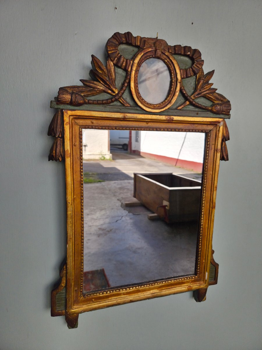 Miroir en bois doré à décor de nœud rubané, Louis XVI d'époque XIXème -photo-2