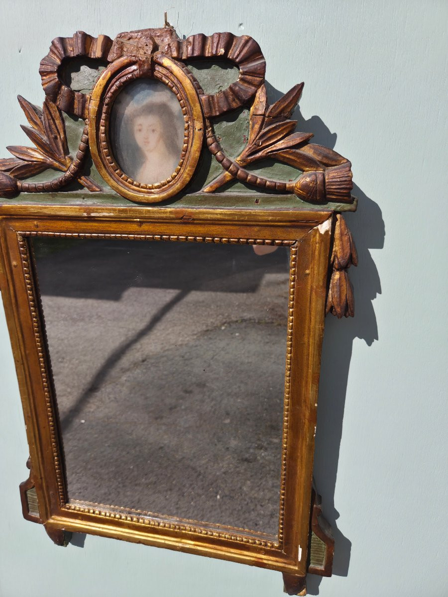 Miroir en bois doré à décor de nœud rubané, Louis XVI d'époque XIXème -photo-3