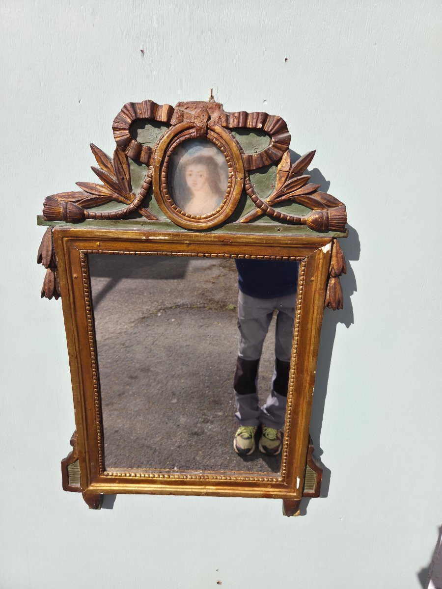 Miroir en bois doré à décor de nœud rubané, Louis XVI d'époque XIXème -photo-5