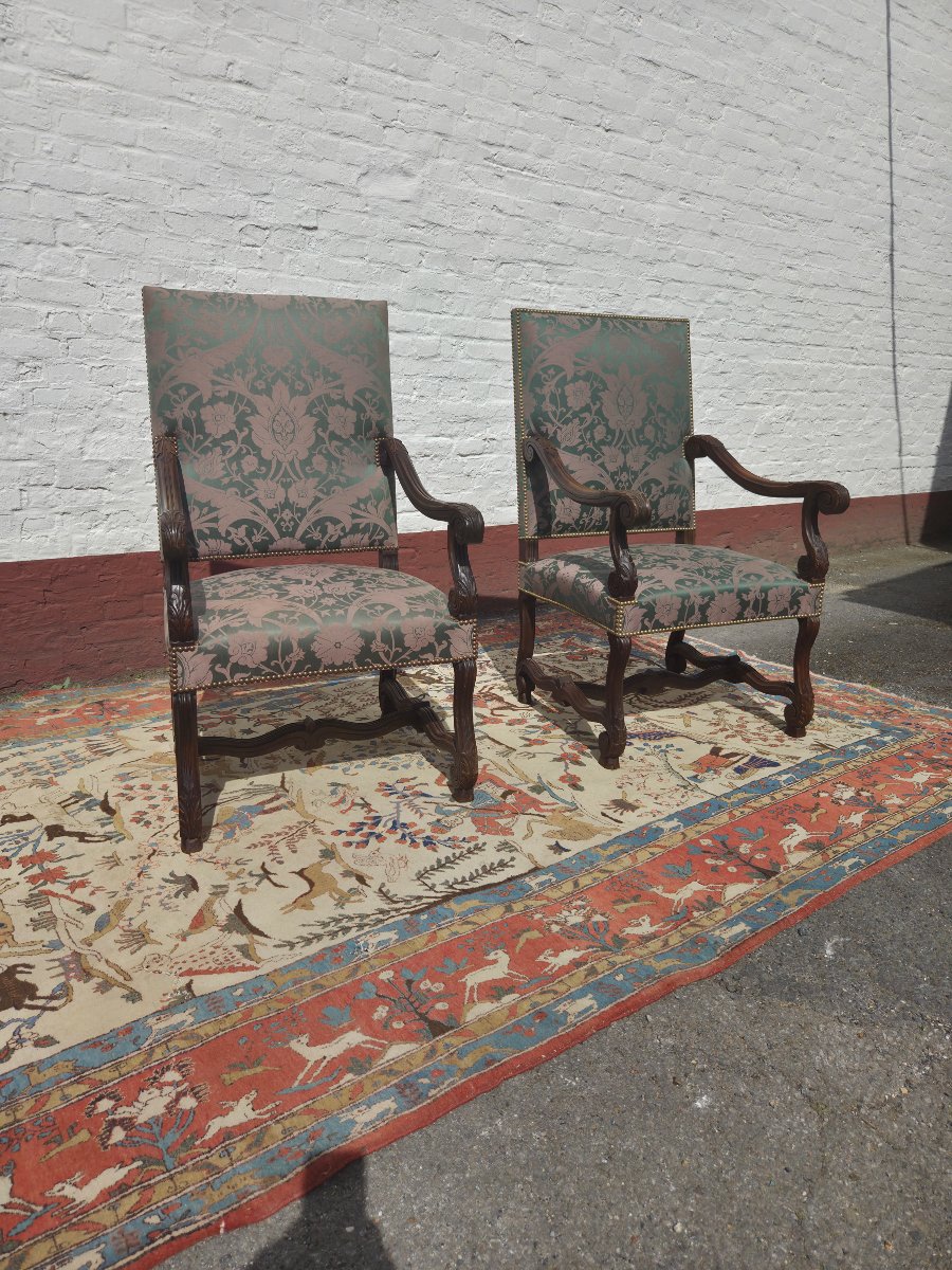 Pair Of Carved Natural Wood Armchairs, Louis XIV, XIXᵉ Century Period.-photo-5