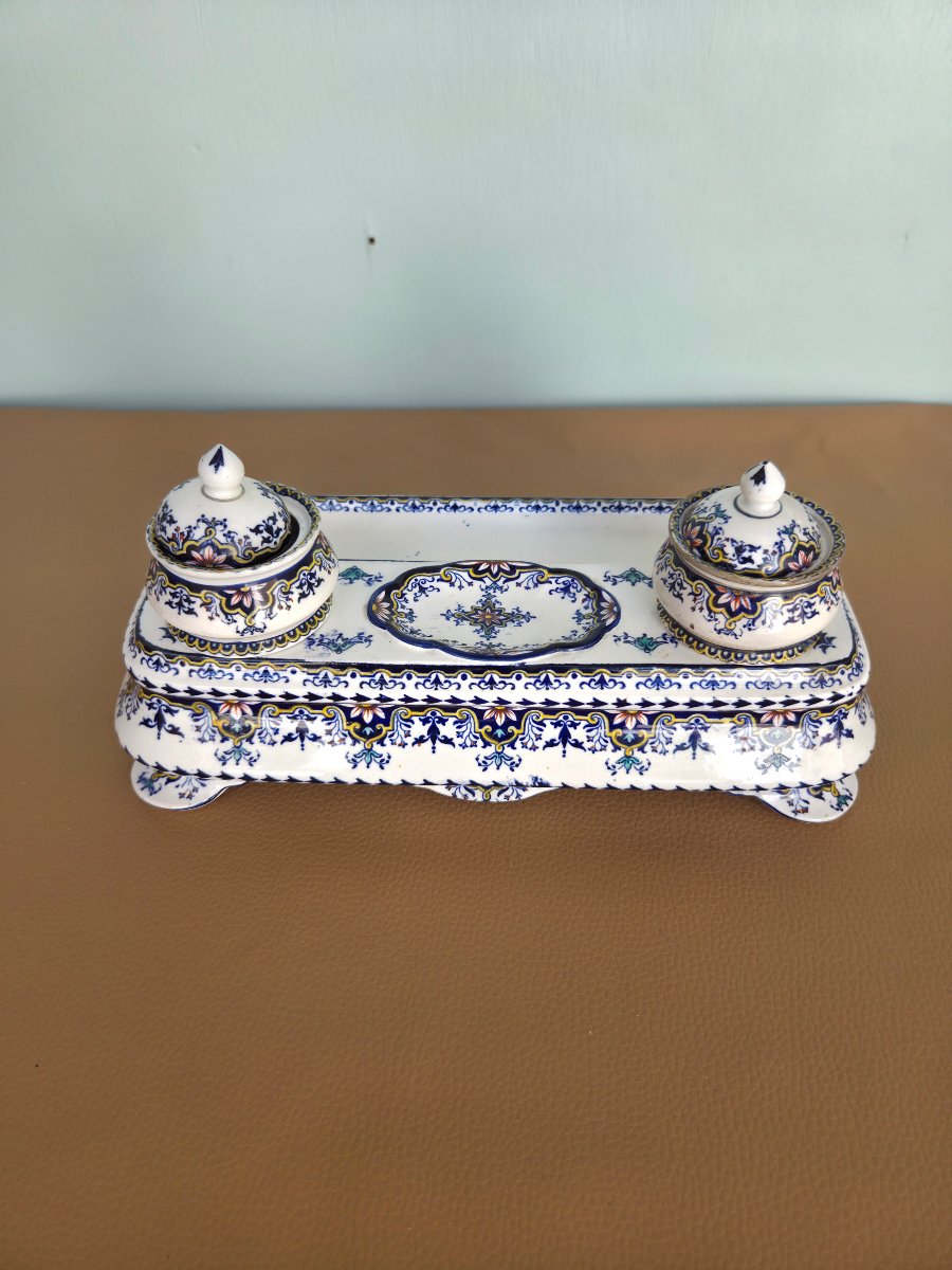 Polychrome Rouen Earthenware Inkwell 19th Century-photo-2