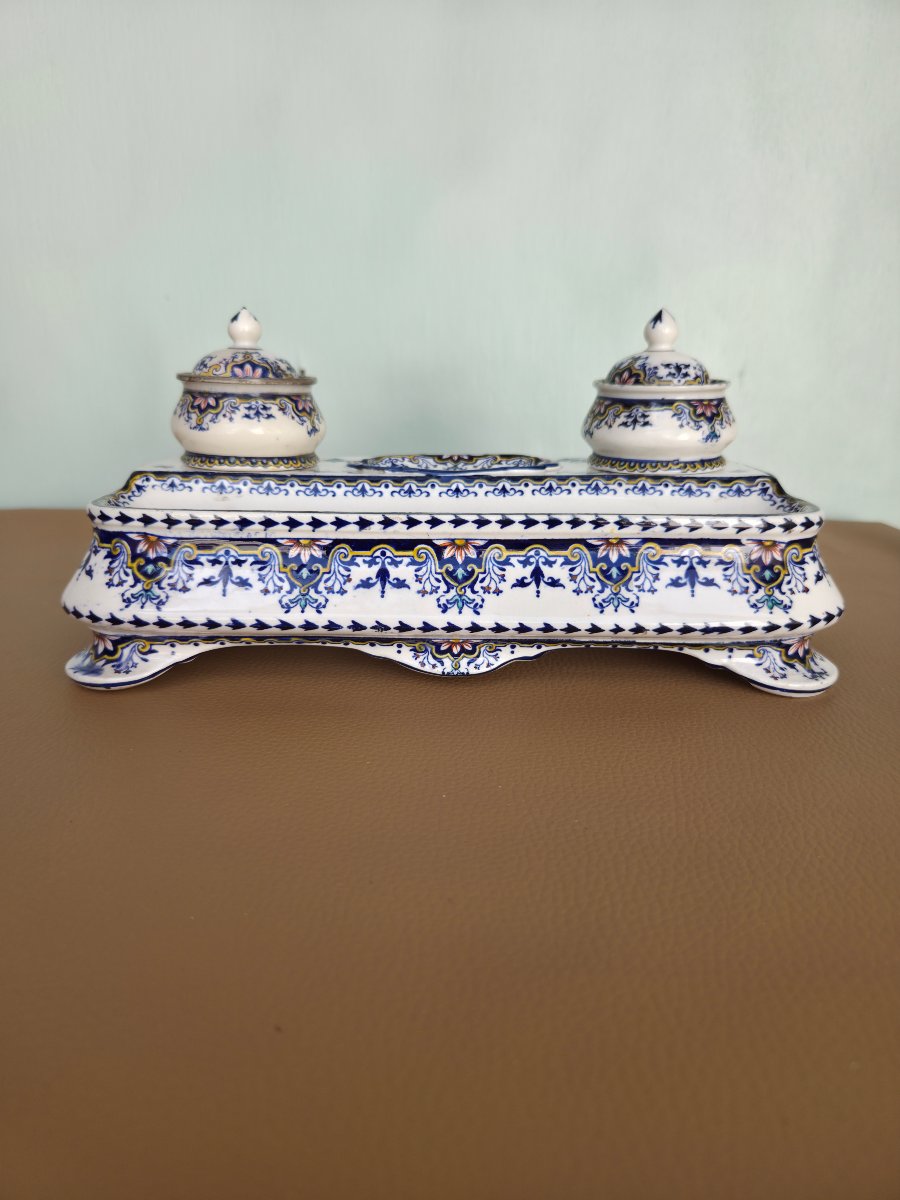 Polychrome Rouen Earthenware Inkwell 19th Century-photo-3