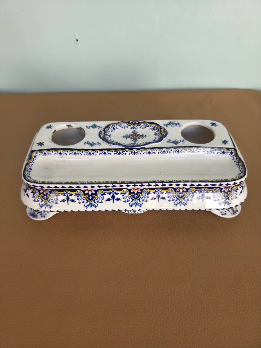 Polychrome Rouen Earthenware Inkwell 19th Century-photo-4